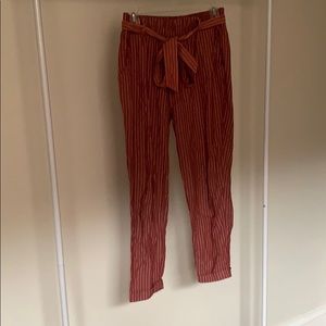 Tie waist striped cotton/linen pants